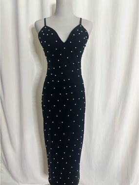 Black Pearl-Embellished Velvet Midi Dress